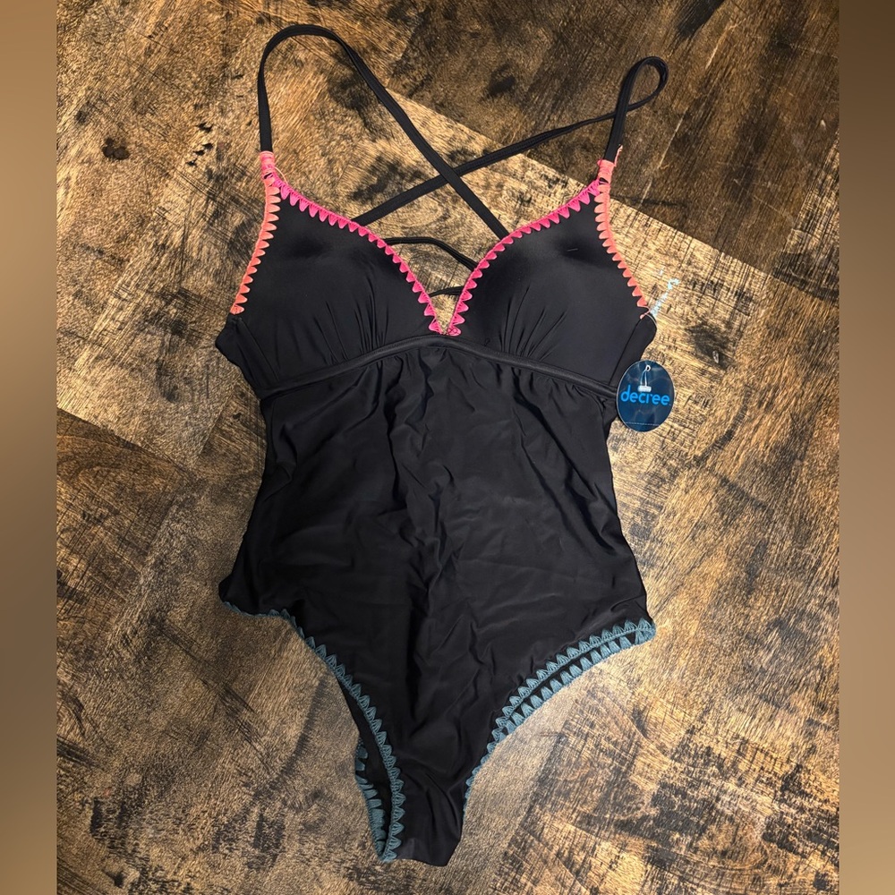 Decree Black Swimsuit with Pink and Blue Accents